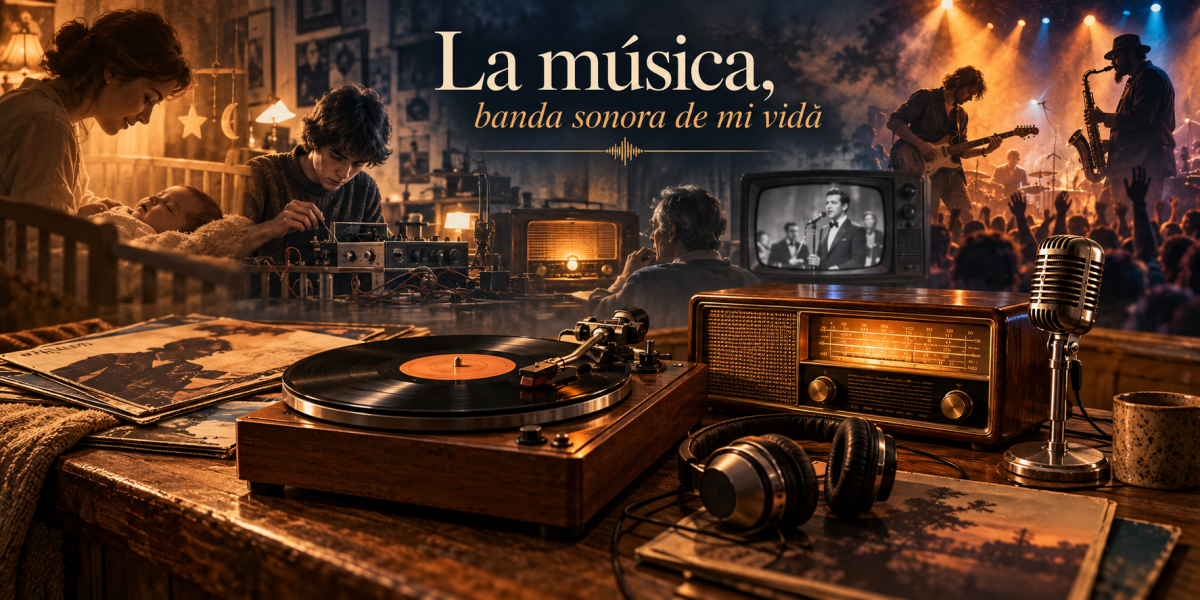 Collage musical con vinilos, radio, televisión y concierto que representa La banda sonora de mi vida.